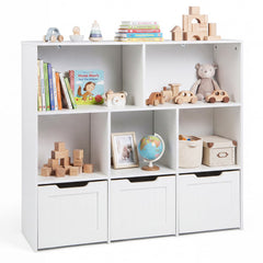 Wooden Toy Storage Organizer Kids Bookshelf with 5 Open Cubes and 3 Movable Drawers-White