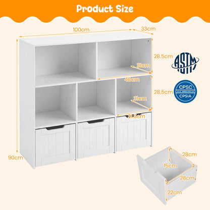 Wooden Toy Storage Organizer Kids Bookshelf with 5 Open Cubes and 3 Movable Drawers-White