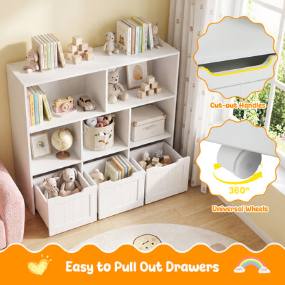 Wooden Toy Storage Organizer Kids Bookshelf with 5 Open Cubes and 3 Movable Drawers-White