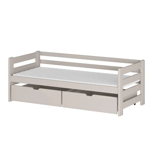 White wooden bed with drawers on a white background