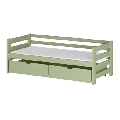 Green bed with white mattress on a white background