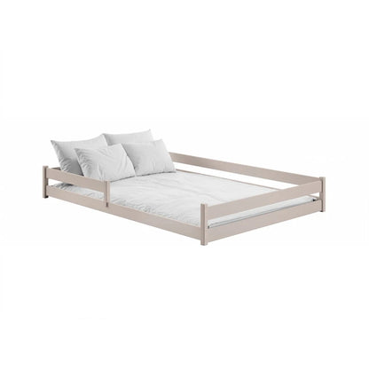 Beige bed frame with white bedding on a white background
