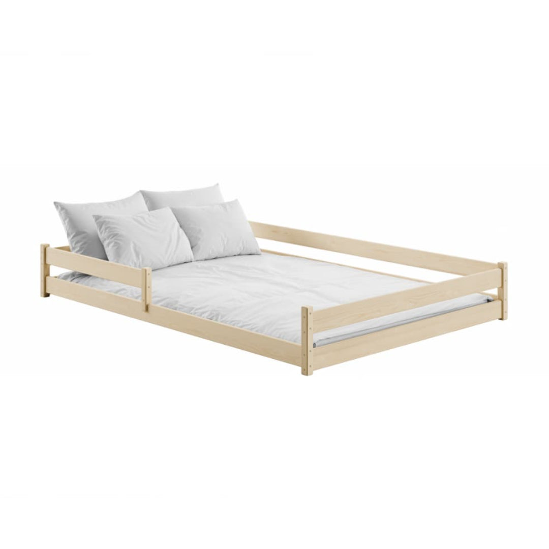 Beige bed frame with white bedding on a white background