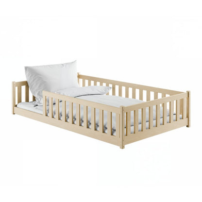 Wooden children's bed with white bedding and pillow on a white background
