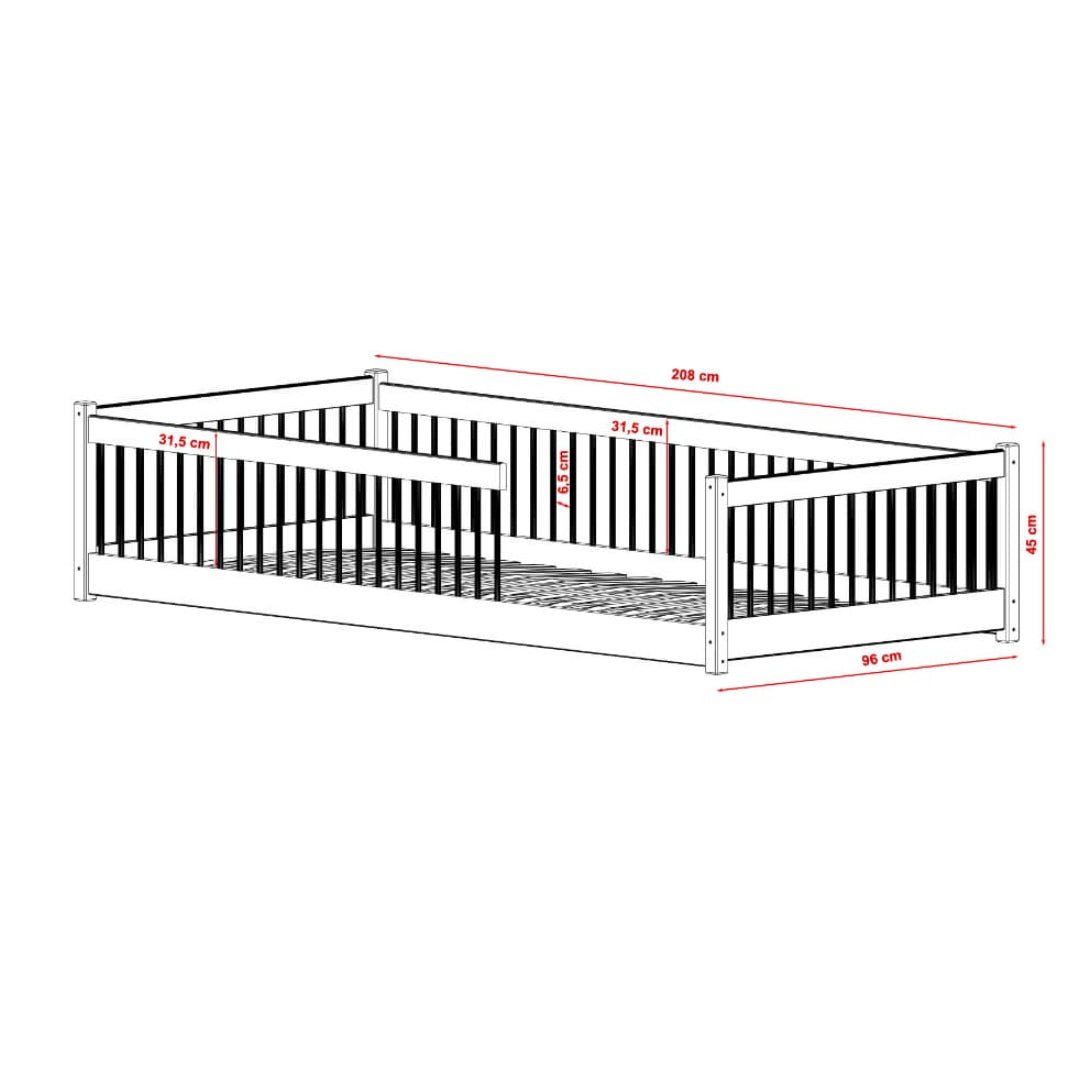 Dimensions of a crib with black bars on a white background