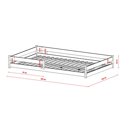 Dimensions of a metal bed frame on a white background