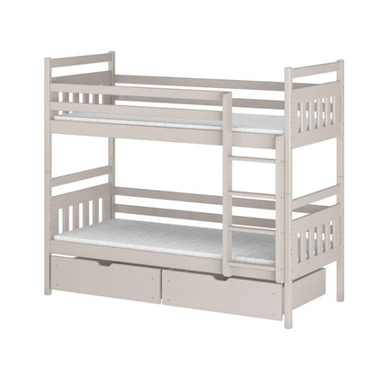 White wooden bunk bed with a single bed on top and a drawer below on a white background