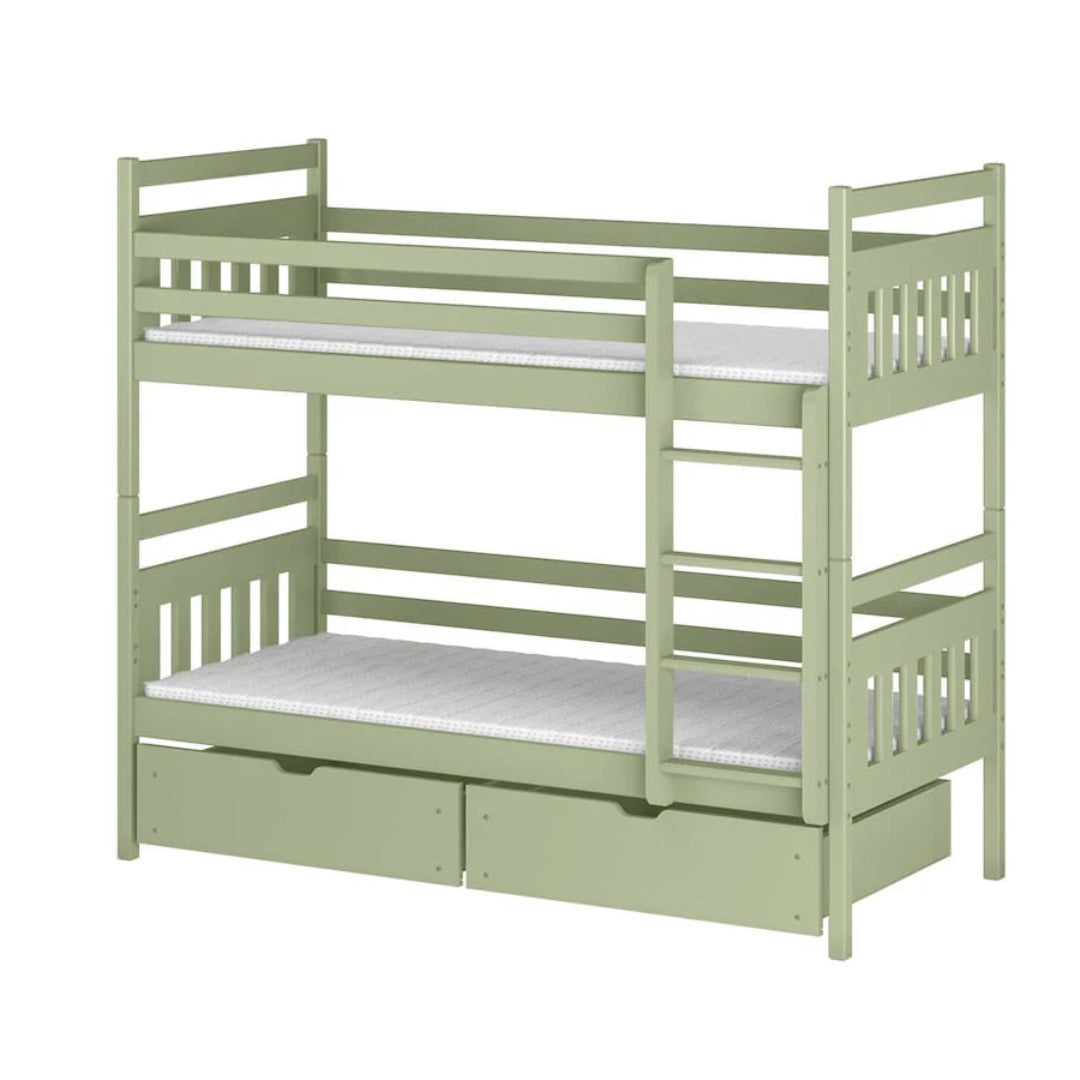 Green bunk bed with white mattress on a white background