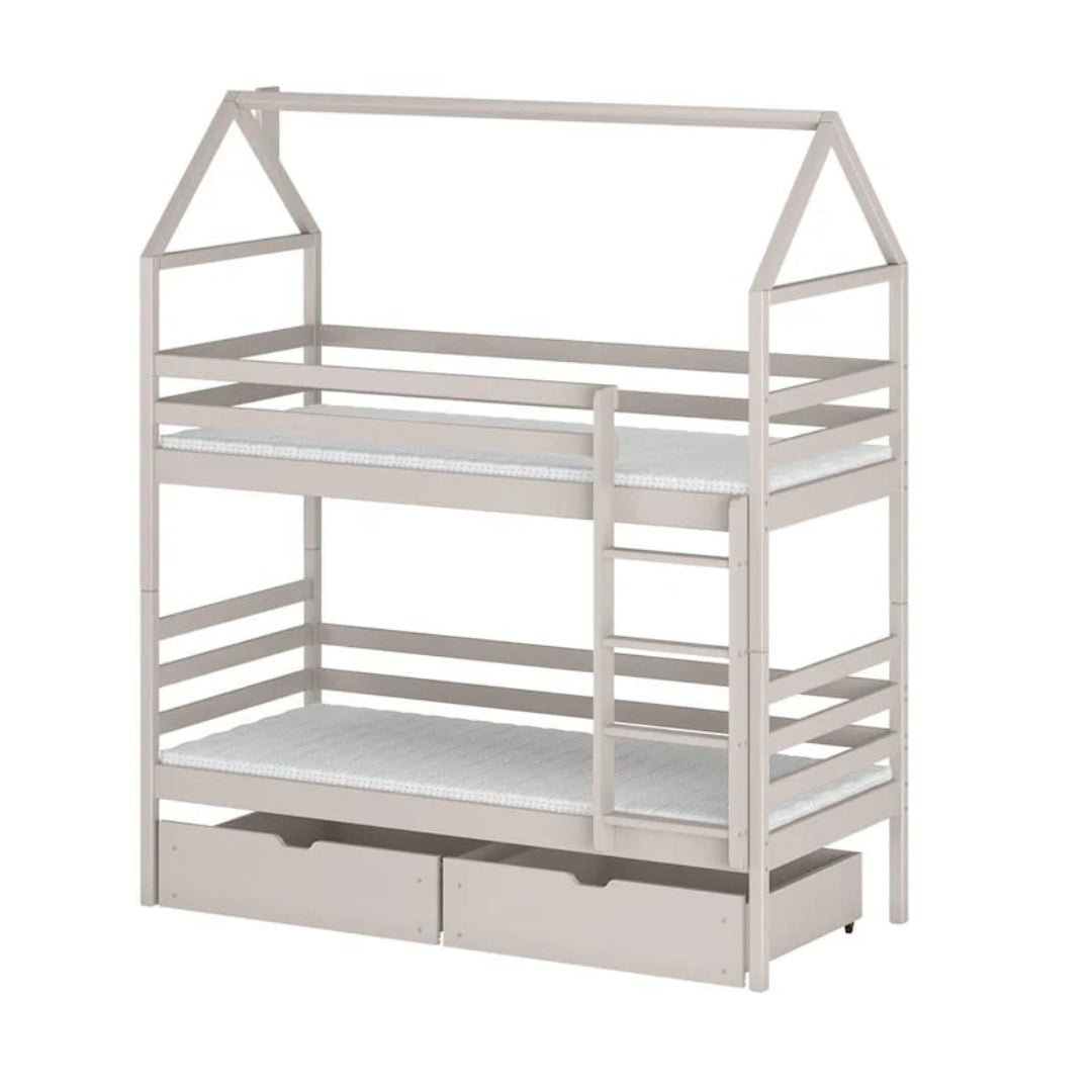 Children's house-shaped bunk bed with white mattress on a white background