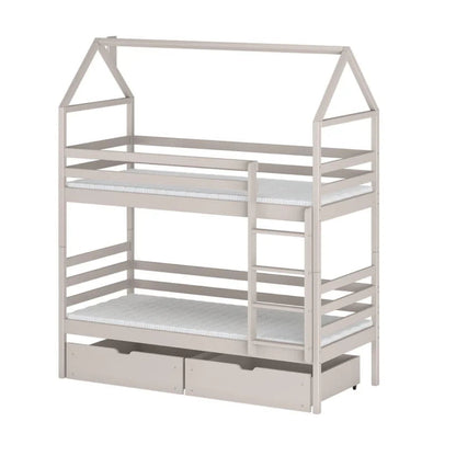 Children's house-shaped bunk bed with white mattress on a white background