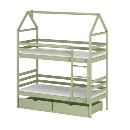 Green children's bunk bed with a white mattress on a white background