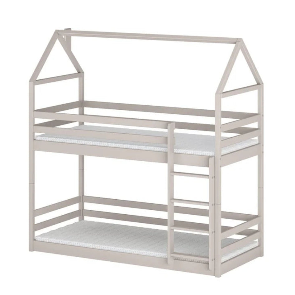 Children's house-shaped bed with white mattress on a white background