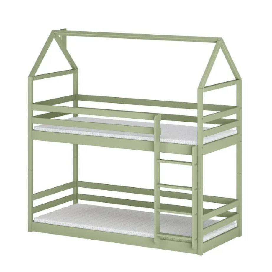 Green children's house-shaped bed on a white background