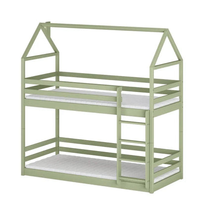 Green children's house-shaped bed on a white background