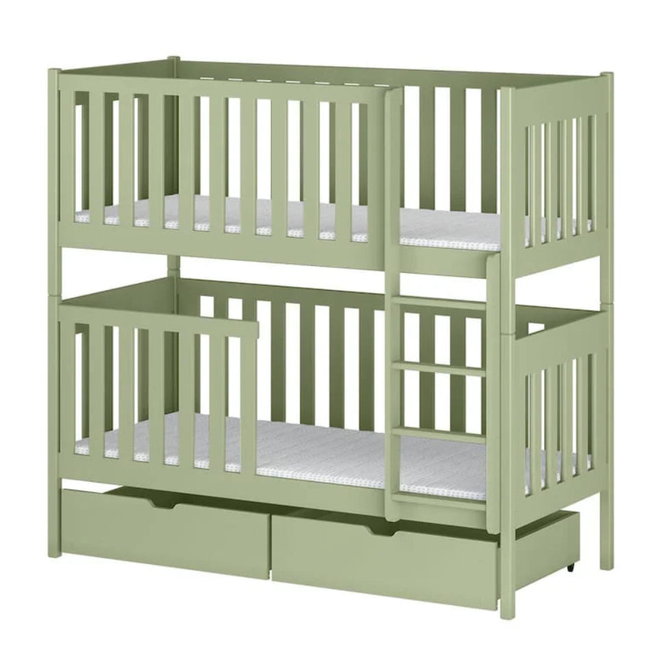 Green bunk bed with a ladder on a white background