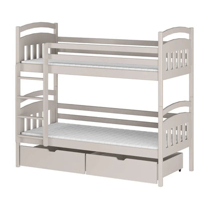 White wooden bunk bed with a drawer on a white background