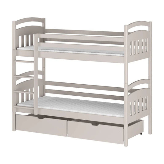 White wooden bunk bed with a drawer on a white background