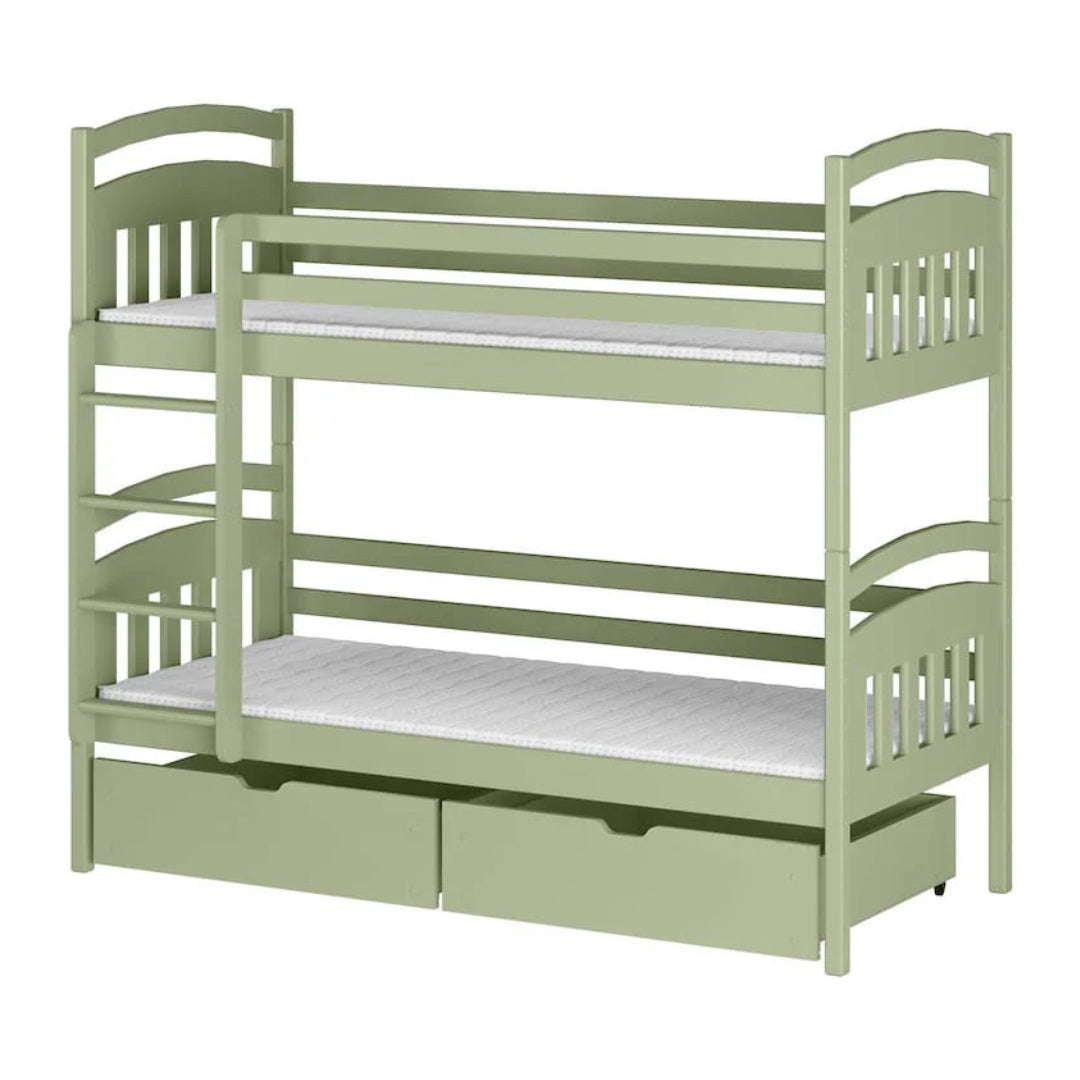 Green bunk bed with a white mattress on a white background