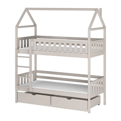 White children's bunk bed with house-shaped top on a white background