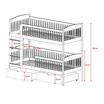 Measurement chart of a children's bunk bed with dimensions labeled.