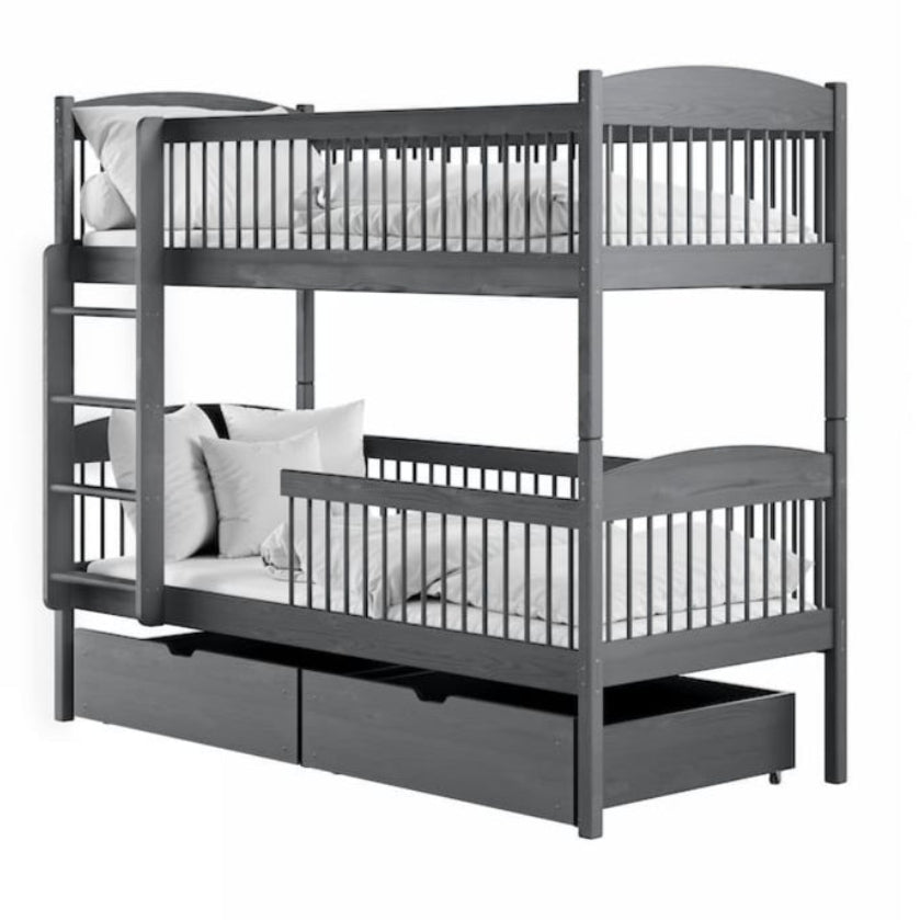 Gray wooden bunk bed with a trundle on a white background