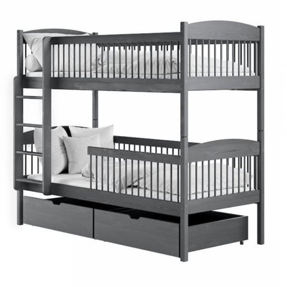 Gray wooden bunk bed with a trundle on a white background