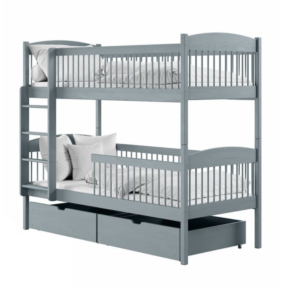 Gray bunk bed with a single bed on top and a trundle below on a white background
