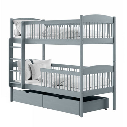 Gray bunk bed with a single bed on top and a trundle below on a white background