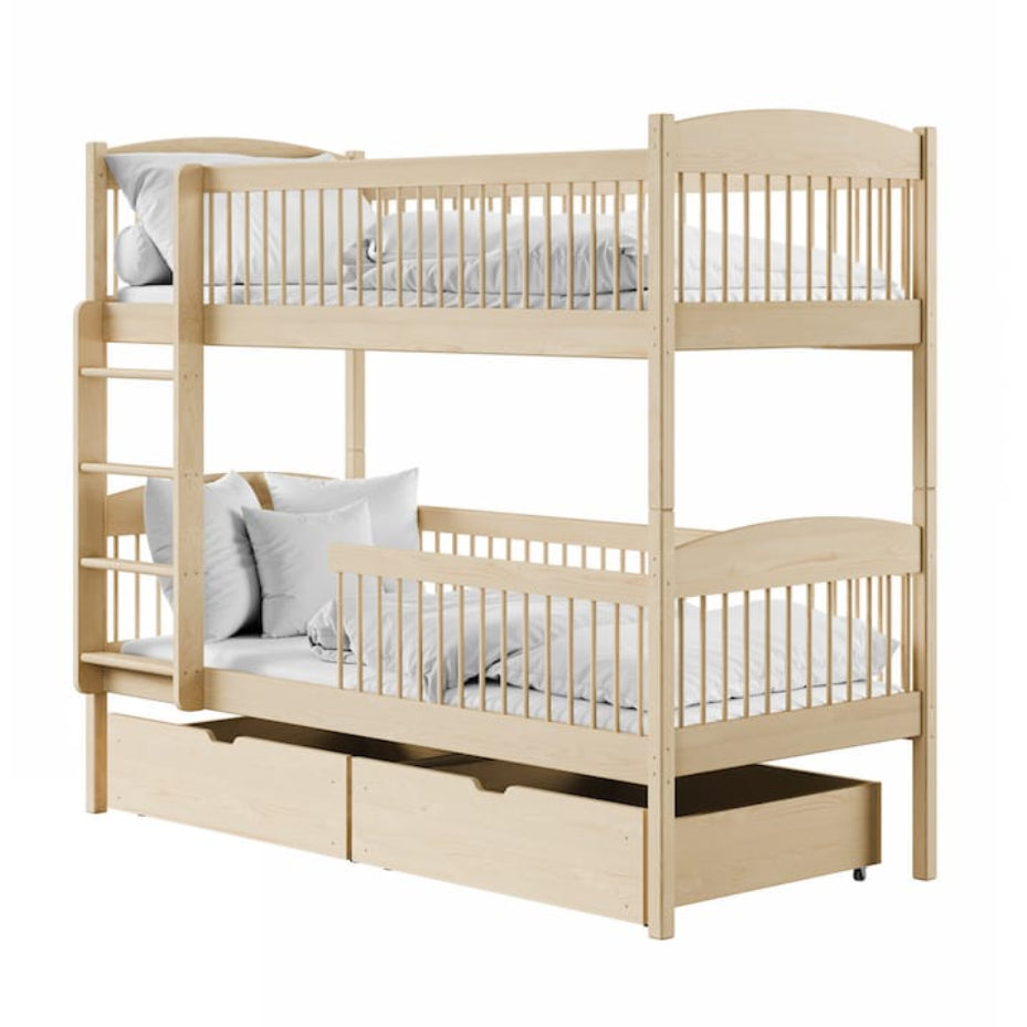 Beige bunk bed with a drawer on a white background