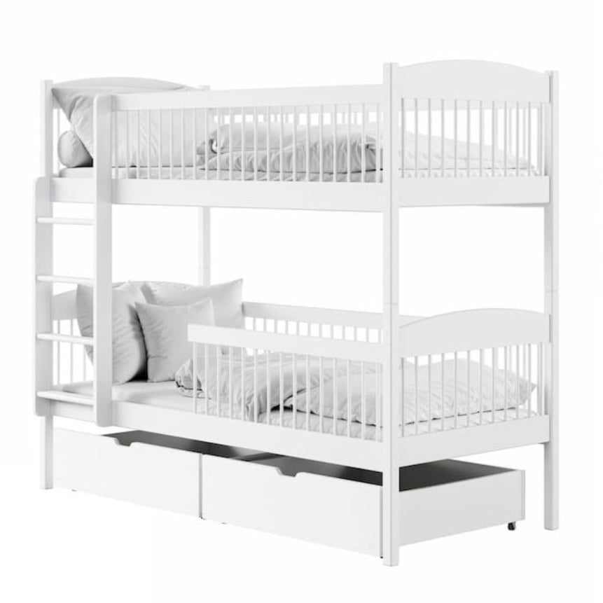White bunk bed with a pull-out trundle on a white background