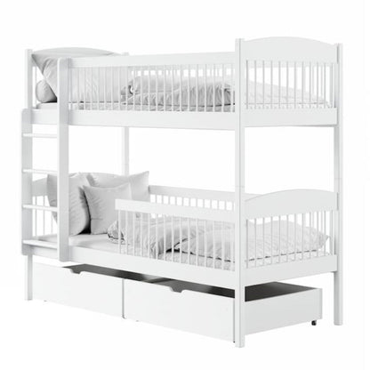 White bunk bed with a pull-out trundle on a white background