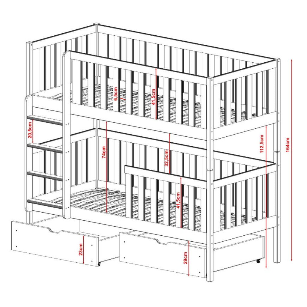 Dimensions of a wooden bunk bed with measurements indicated.