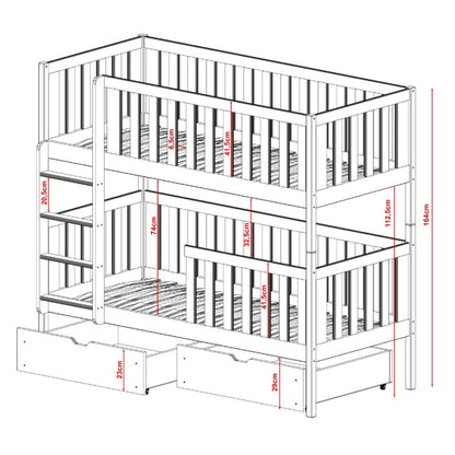 Dimensions of a wooden bunk bed with measurements indicated.