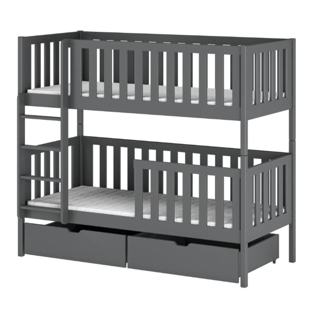 Gray bunk bed with drawers on a white background