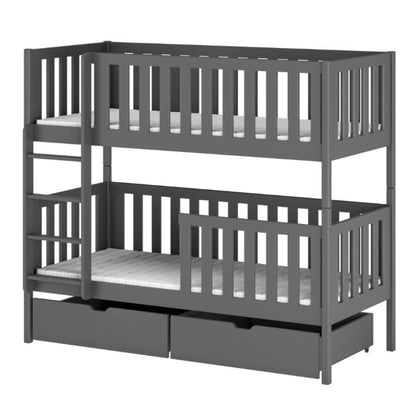 Gray bunk bed with drawers on a white background