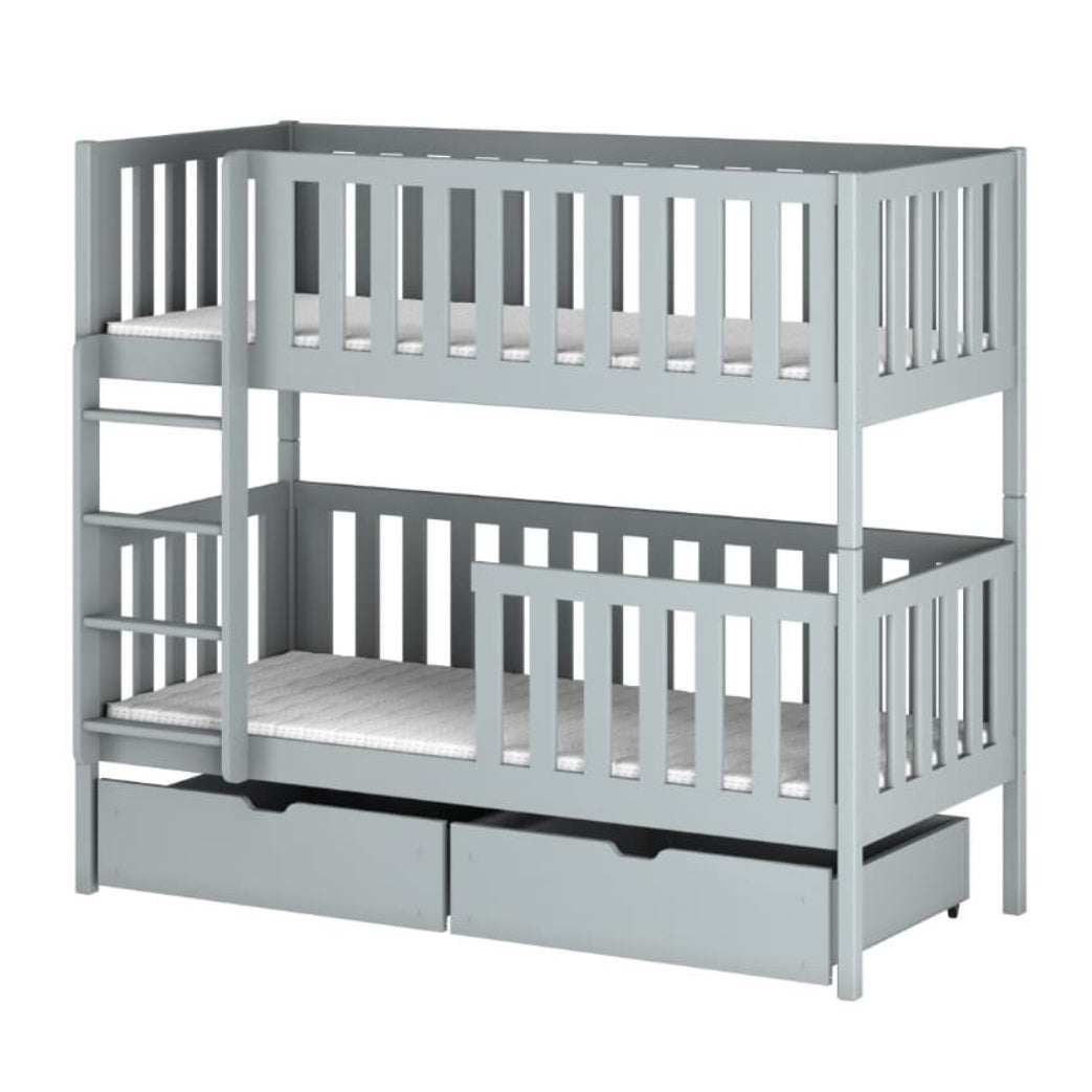Gray bunk bed with drawers on a white background