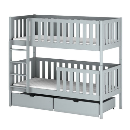 Gray bunk bed with drawers on a white background