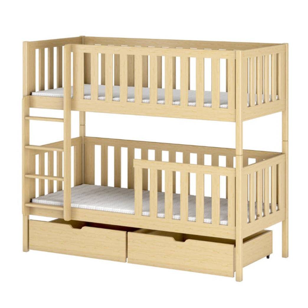 Beige wooden bunk bed with drawers on a white background