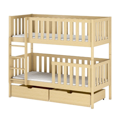 Beige wooden bunk bed with drawers on a white background