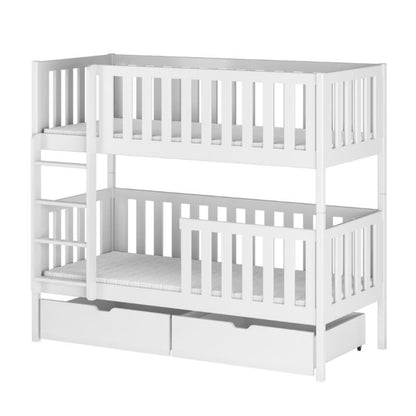 White wooden bunk bed with drawers on a white background