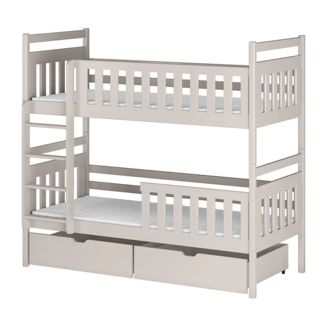 White wooden bunk bed with a drawer on a white background