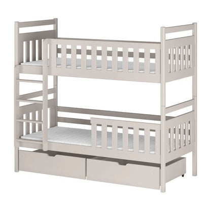 White wooden bunk bed with a drawer on a white background