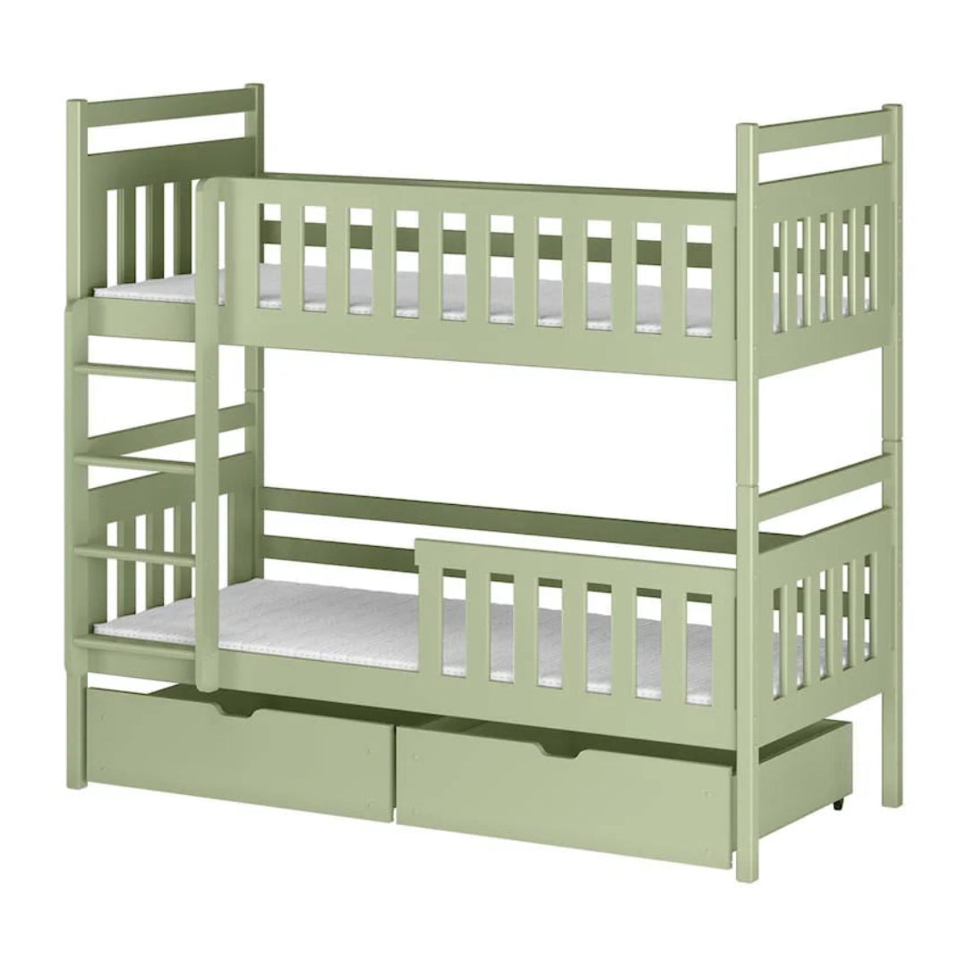 Green bunk bed with white mattresses on a white background