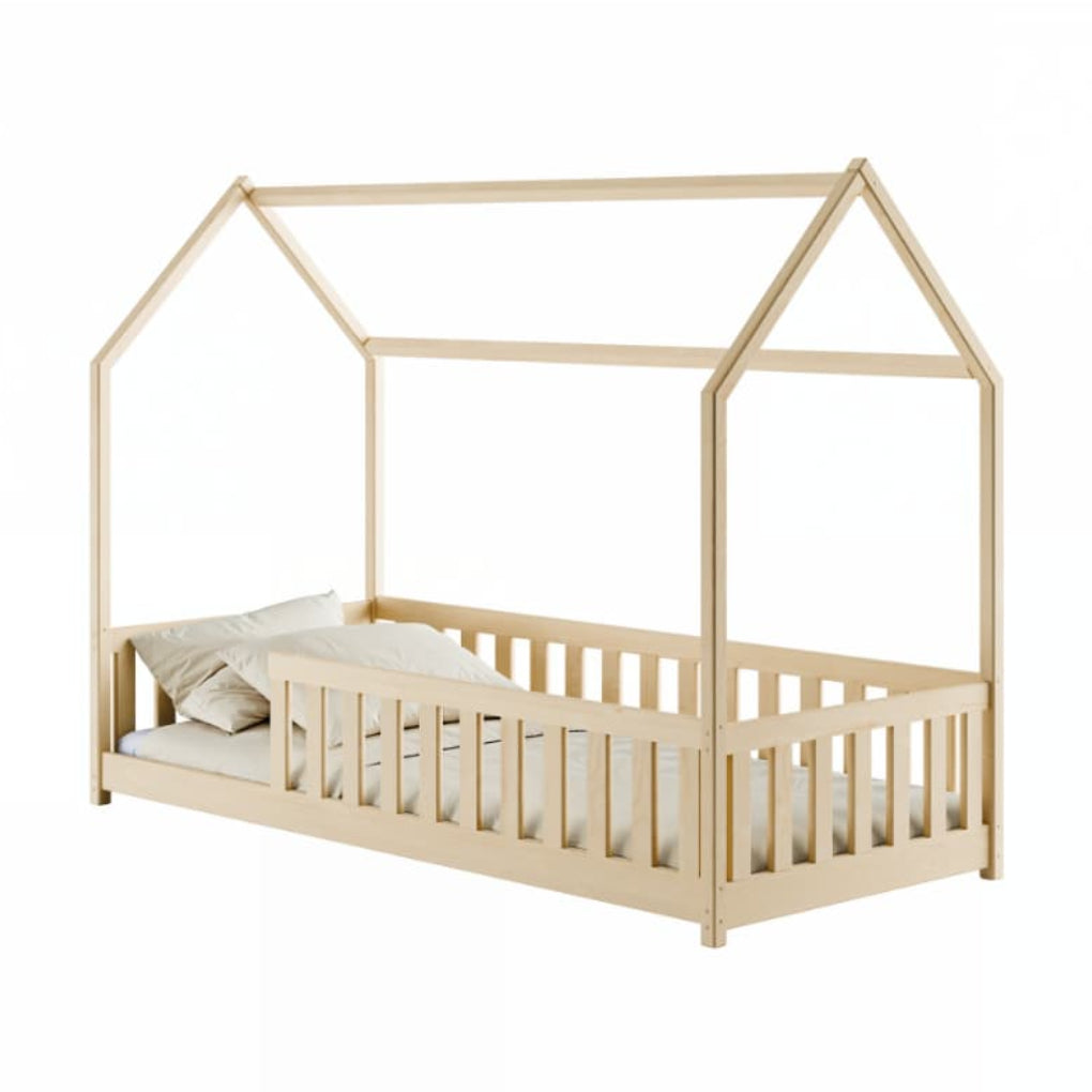 Wooden children's bed with a house-shaped top on a white background
