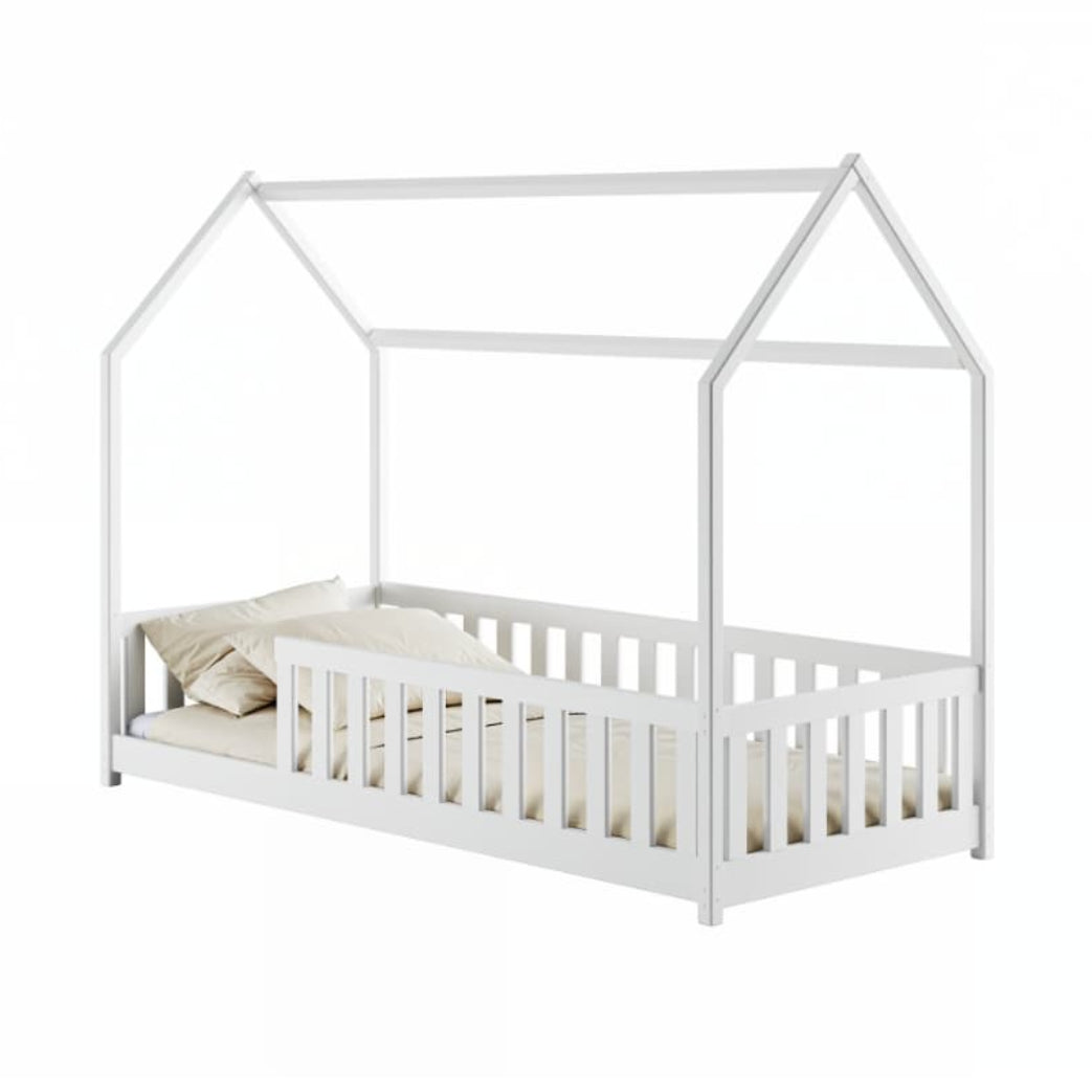 White children's house bed with a mattress on a white background