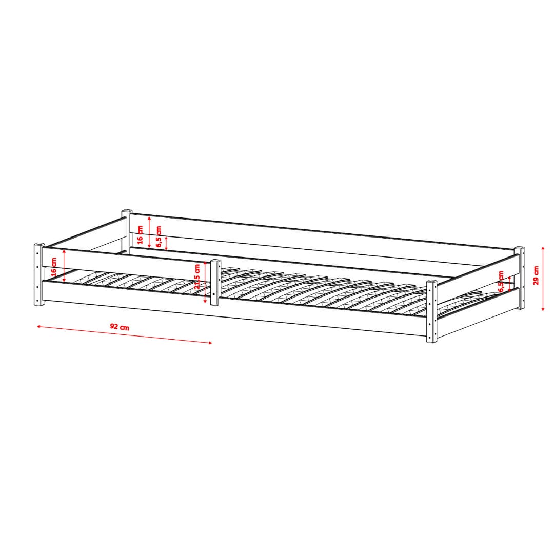 Dimensions of a metal bed frame on a white background