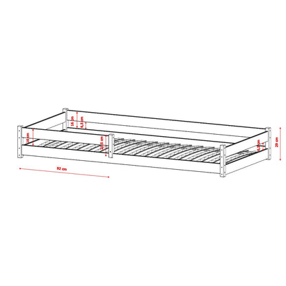 Dimensions of a metal bed frame on a white background