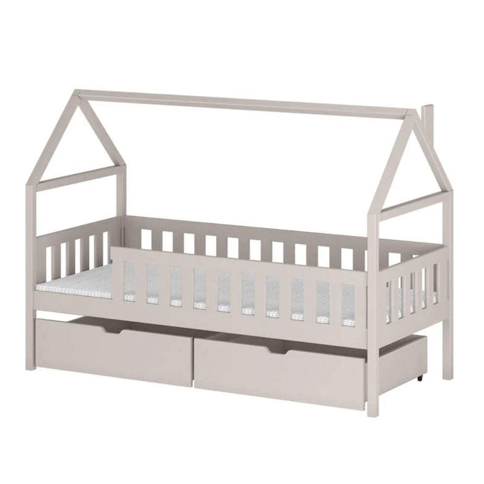 Children's house-shaped bed with a white mattress on a white background