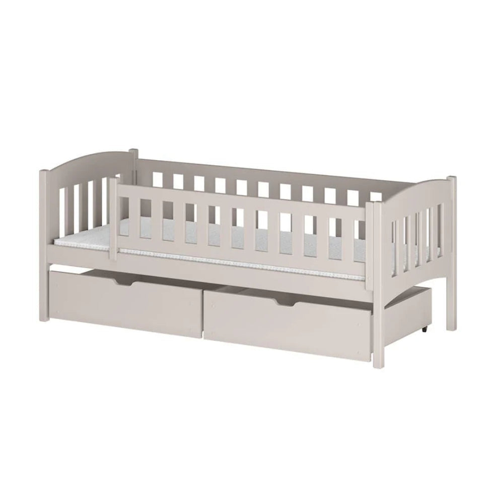 White wooden bed with drawers on a white background