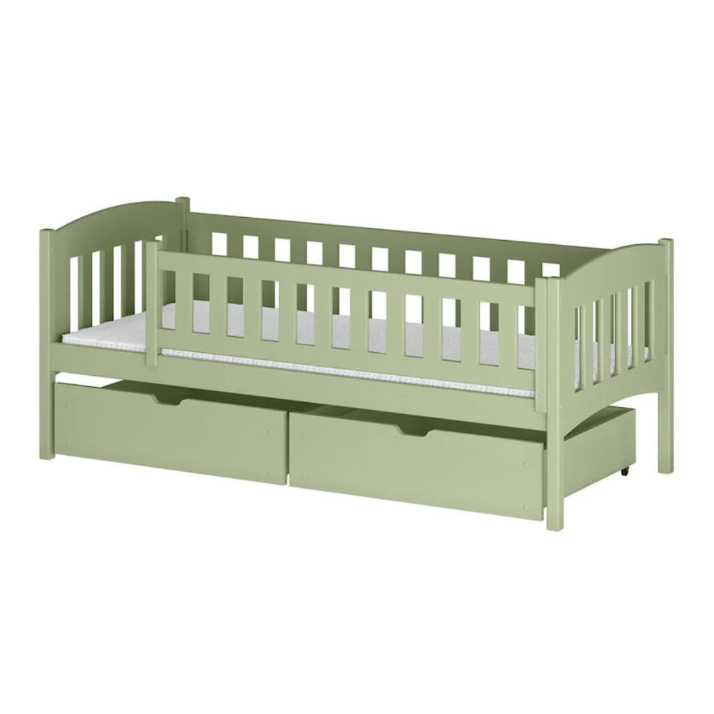 Green children's bed with white mattress on a white background